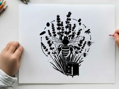 Silhouette of a bee amidst lavender flowers and a book