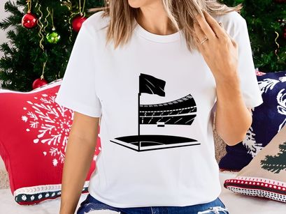 Black and white illustration of a flag waving on a pole beside a grandstand