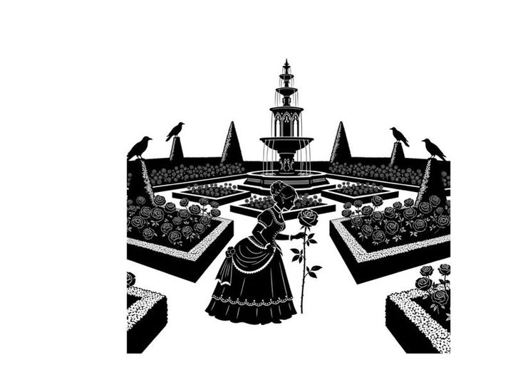 Silhouette of a woman in a mysterious garden with a fountain and ravens
