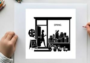 Silhouette of woman entering storefront with spring cityscape and flowers