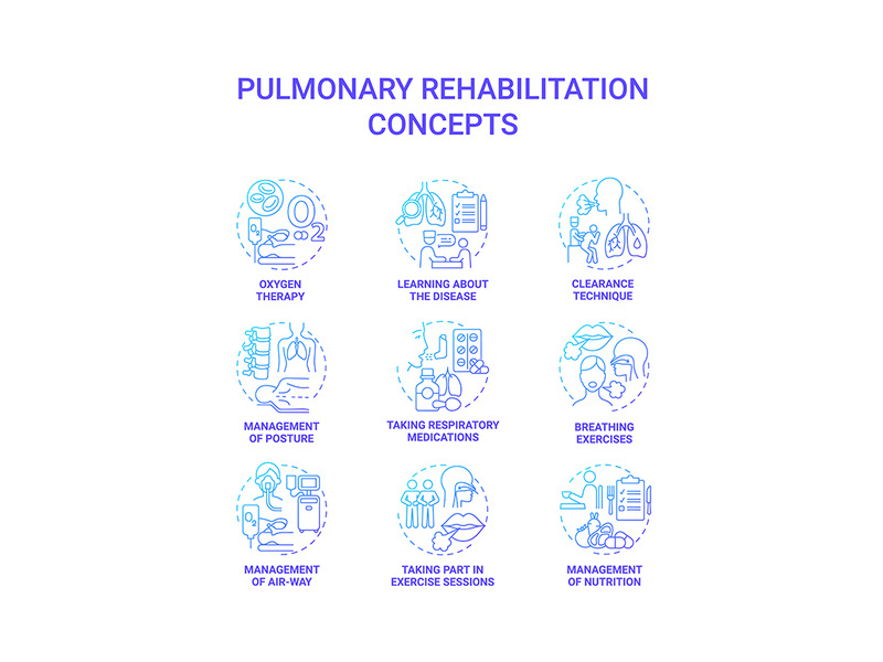 Pulmonary rehabilitation blue gradient concept icons set