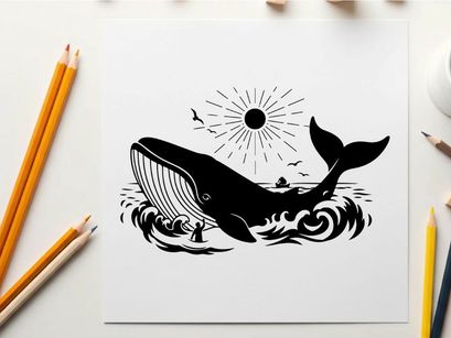 Whale silhouette swimming under sunny ocean waves