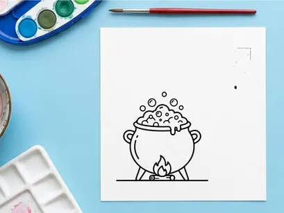 Cute cartoon witch cauldron with bubbling potion and smoke. Halloween magic brew illustration for kids and festive designs.