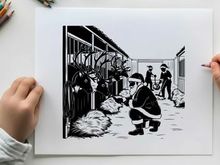 Santa claus feeding reindeer in a stable silhouette