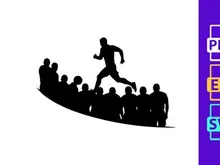 A lone runner sprints ahead of a crowd of people in a black silhouette illustration