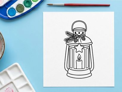 Christmas lantern line art illustration with candle and pine branch decoration