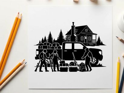 Silhouette of men loading gear into a pickup truck in front of a house