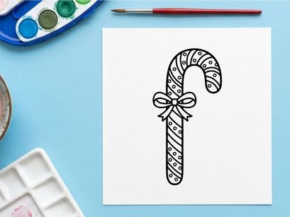 Christmas candy cane line art illustration with a decorative bow for holiday design projects