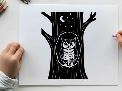 Owl silhouette in tree hollow under starry night sky silhouette