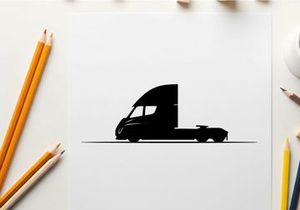 Silhouette of a semi truck driving on a road with a curved cab silhouette