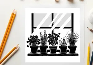 Silhouette of plants on a windowsill with a sunny view outside