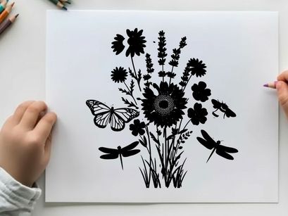 Silhouette of flowers and insects in a garden scene silhouette