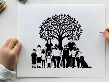 Family silhouette standing under a tree with a dog preview picture