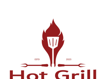 Simple Barbecue Vintage hot grill, with crossed flames and spatula. Logo for restaurant, badge, cafe and bar.vector preview picture