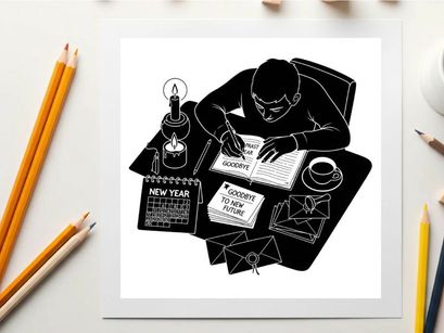 Silhouette of a man writing at a desk with new year's resolutions