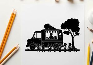 Silhouette of a food truck with people and a tree