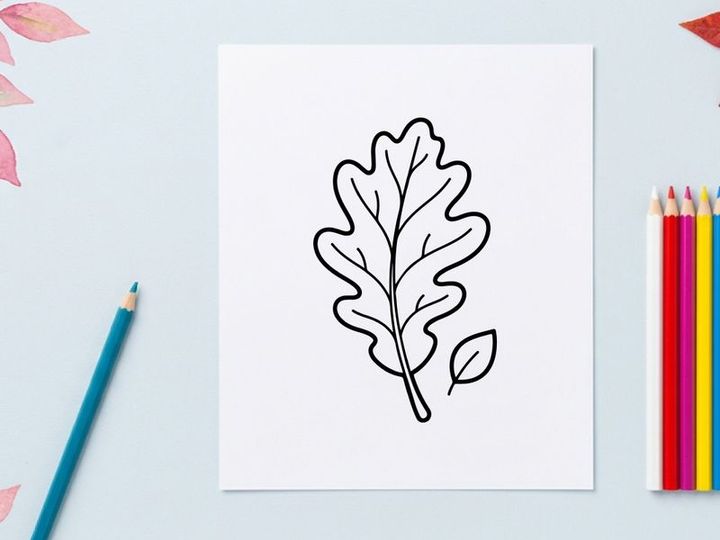 Garis seni minimalis daun ek dan biji ek. Ilustrasi botani elegan untuk desain bertema alam.
