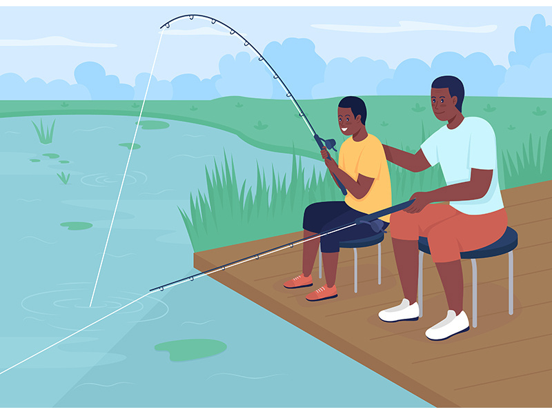 Fishing with dad flat color vector illustration