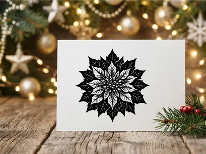 Black and white poinsettia flower illustration, hand drawn botanical Christmas design