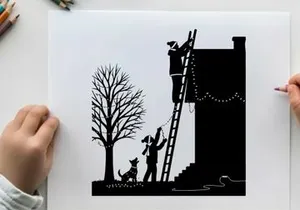 Silhouette of people decorating a house with christmas lights