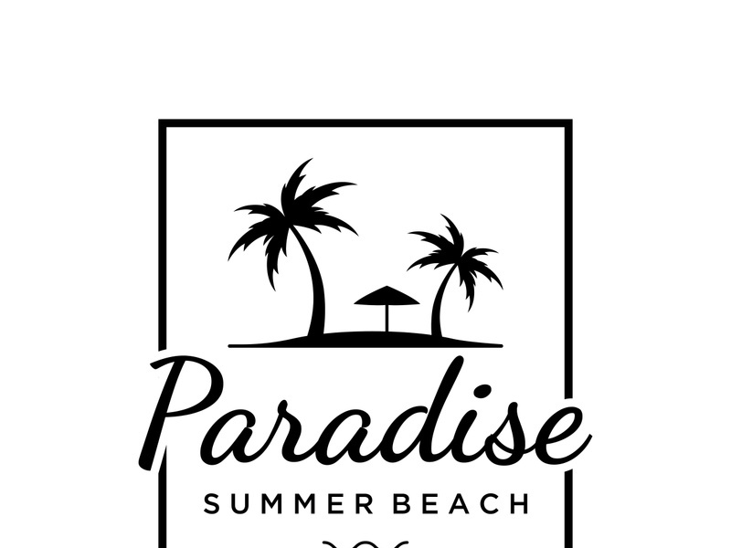 Summer vacation creative logo on the beach with symbols of waves, palm trees and surfboards in retro style.Emblem,label, poster,badge.