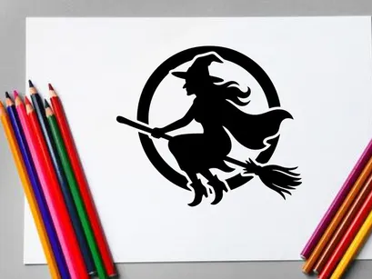Silhouette einer Hexe, die auf einem Besen durch die Nacht fliegt mit Vollmond