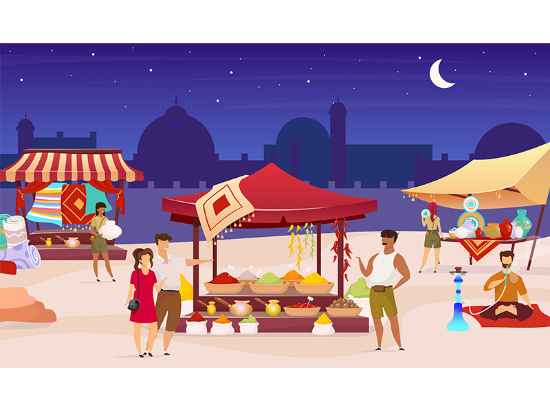 Turkish night market flat color vector illustration