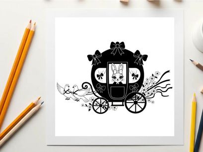 Silhouette of a decorative carriage with floral accents and bows