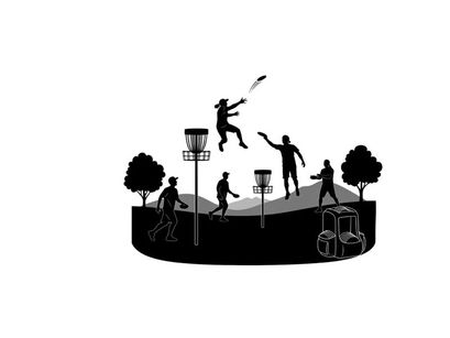 Silhouette of people playing frisbee golf in a park with trees and baskets