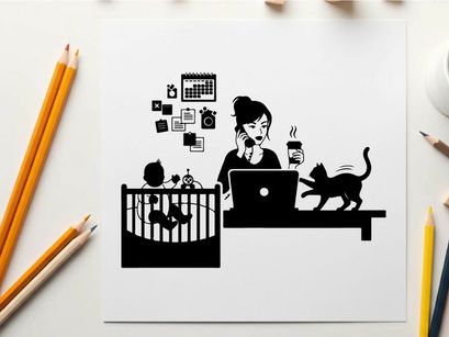 Silhouette of woman working with cat and baby nearby