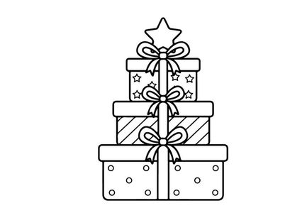 Christmas gift boxes stack with ribbons and star topper, black and white line art icon.