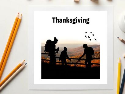 Thanksgiving silhouette of family on a hill watching birds fly
