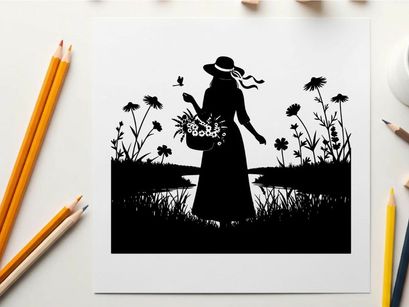 Silhouette of a woman in a field with flowers and a basket