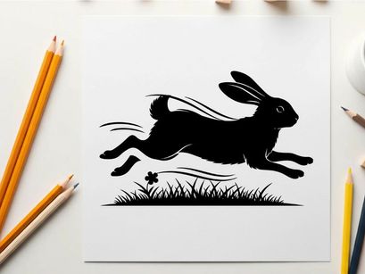 Silhouette of a running rabbit in the grass field silhouette