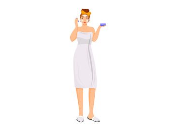 Woman in bathrobe applying face balm flat color vector faceless character preview picture