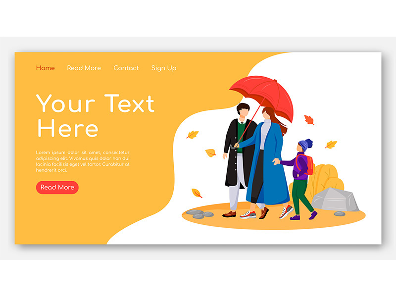 Walking family landing page flat color vector template