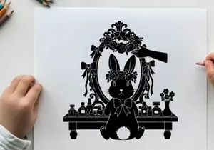 Silhouette of a rabbit in front of a vanity with makeup