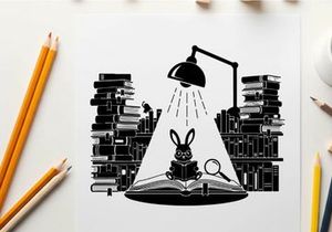 Rabbit silhouette studying under a desk lamp at night