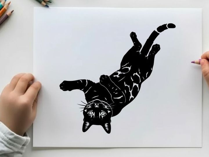 Silhouette of a playful cat in mid air falling or jumping
