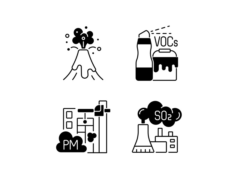 Air pollution black linear icons set