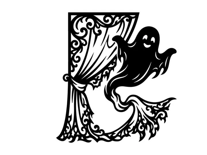 Decorative Halloween Ghost with Curtain and Ornate Frame