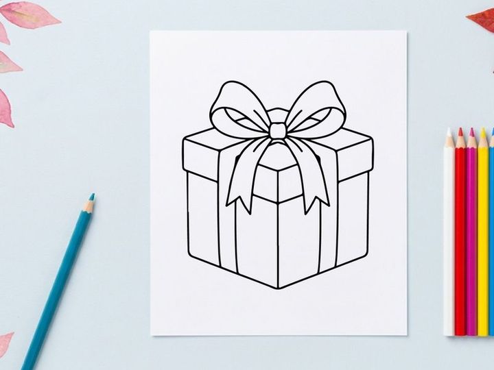 Icono de caja de regalo navideña con lazo, ilustración de arte lineal simple en blanco y negro.