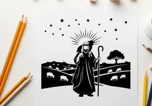 Silhouette of a shepherd under starry night with sheep