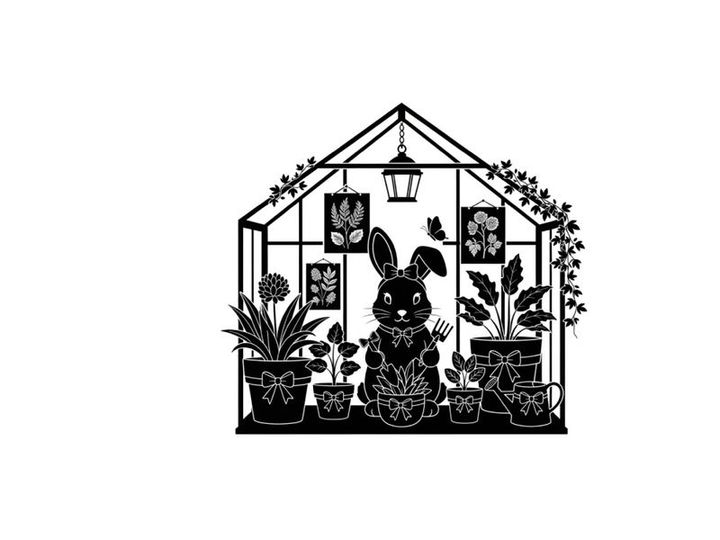 Silhouette of a rabbit in a greenhouse with plants and decorations silhouette