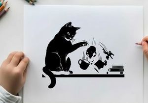 Mischievous cat silhouette causing chaos with falling objects