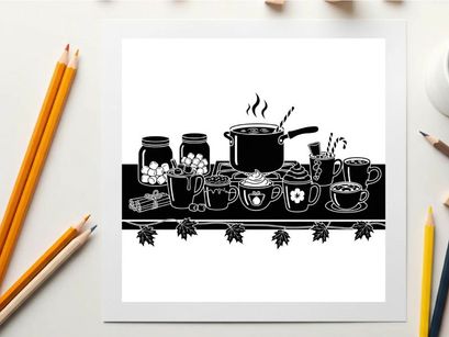 Silhouette of kitchen utensils and cookware on a table