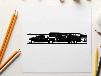 Silhouette of a pickup truck towing a horse trailer