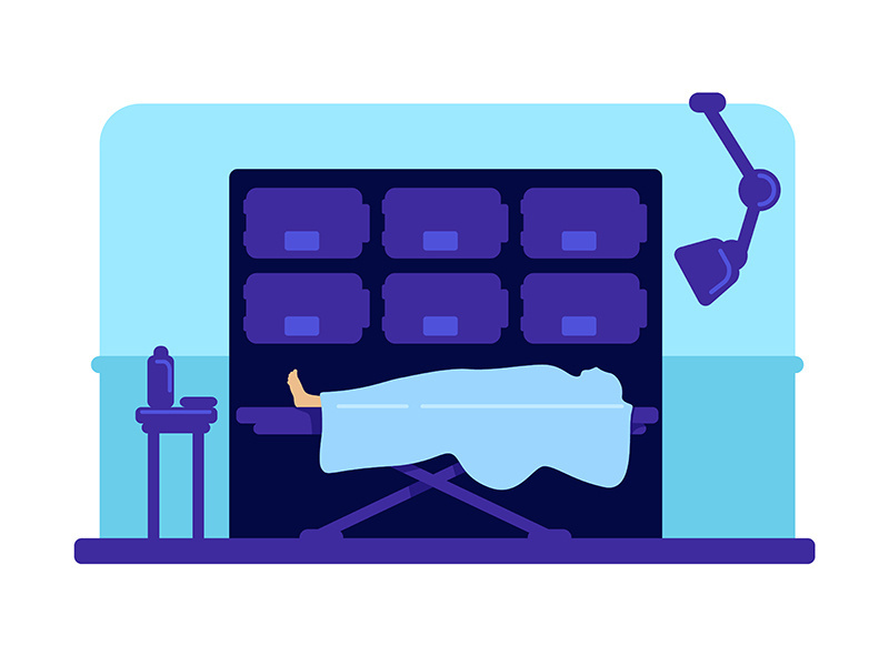 Body in hospital morgue flat color vector illustration