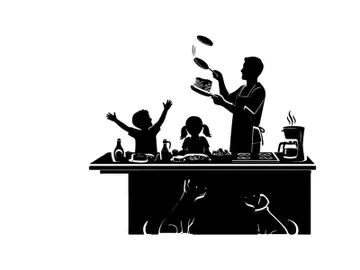 Silhouette of family cooking together in kitchen with pets preview picture