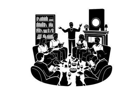 Silhouette of people gathered around a table with a speaker